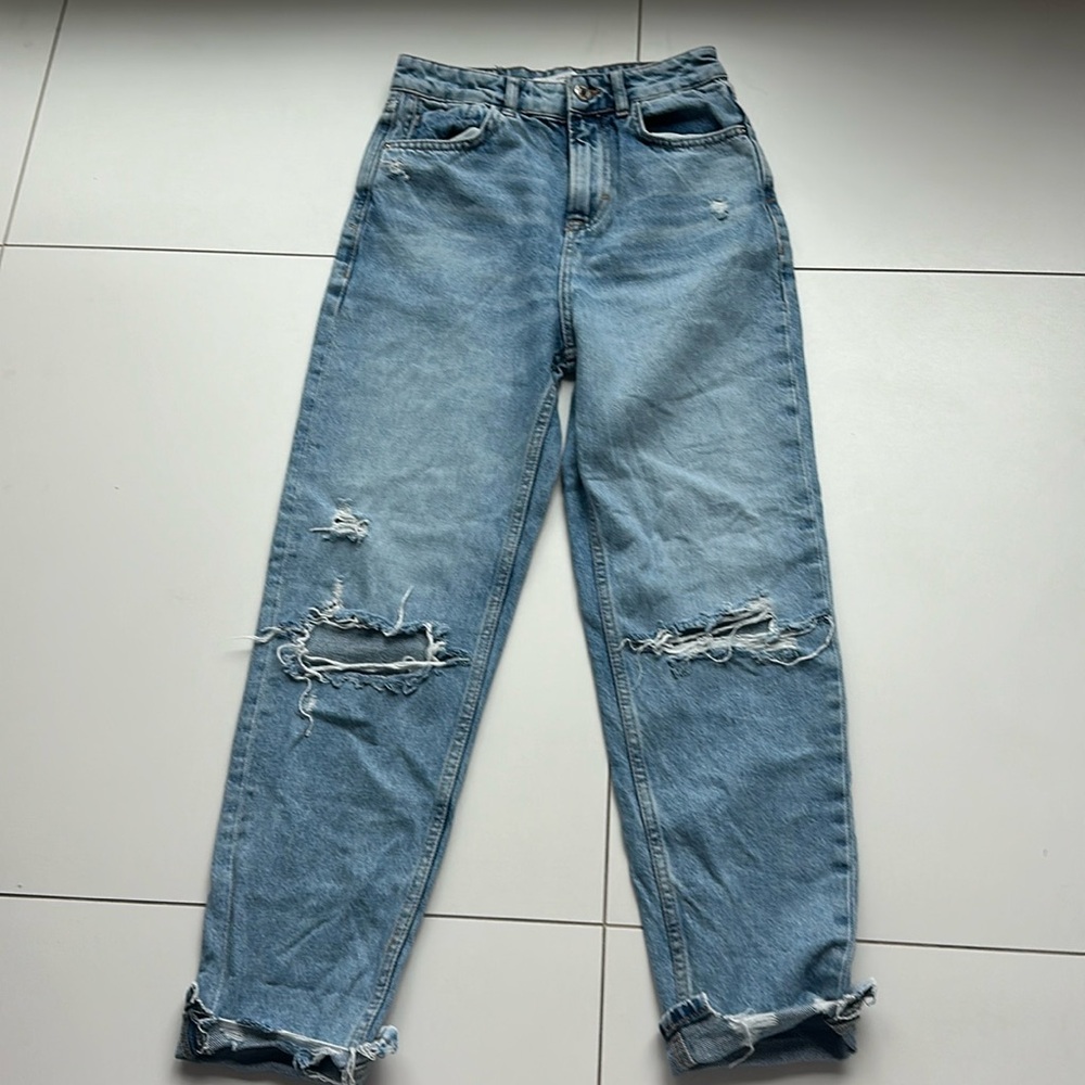 Zara High Waisted Blue Ripped Jeans